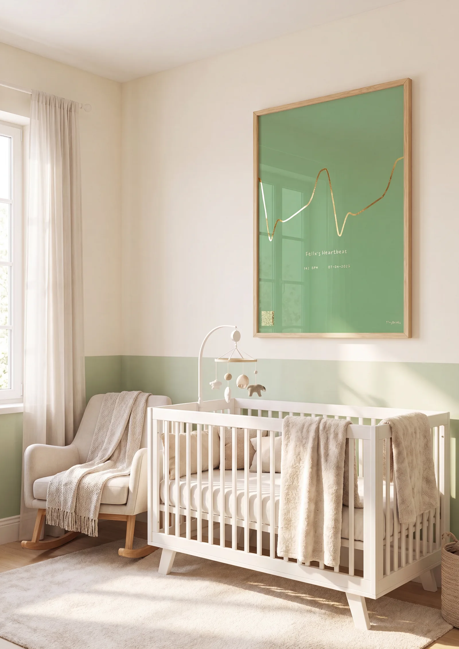 Gold foil heartbeat print, sage green background